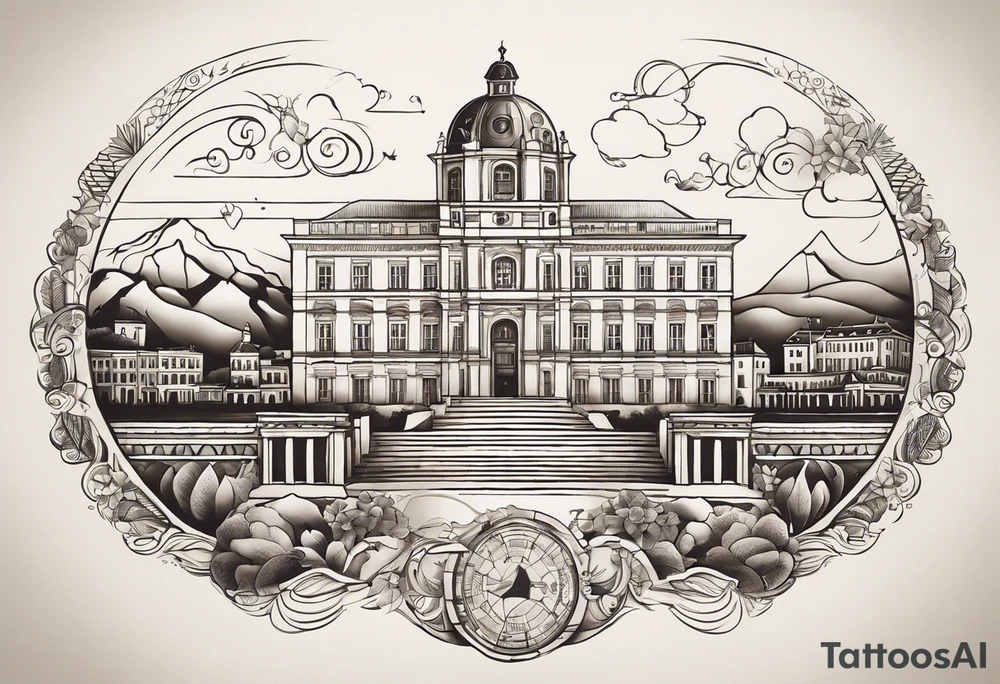 Create a tattoo design that symbolizes the connection between a family spread across Lisbon and Deggendorf, with a central figure who travels between the two. Incorporate the names, elements representing both countries' cultures and landmarks, linked by a path or journey motif. The design should evoke feelings of unity, distance, and the bond of family. tattoo idea