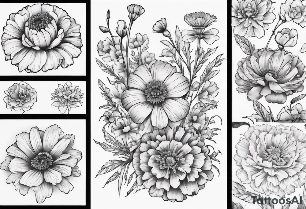 a sleeve tattoo of Marigold flowers, tattoo idea