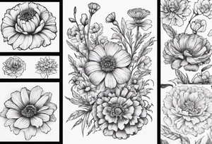 a sleeve tattoo of Marigold flowers, tattoo idea
