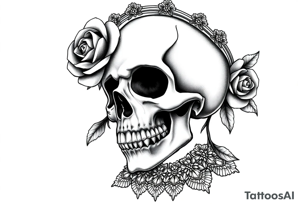Bold vibrant gothic skull but also elegant and majestic wearing a rose crown also lace underneath tattoo idea