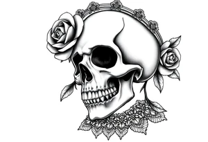 Bold vibrant gothic skull but also elegant and majestic wearing a rose crown also lace underneath tattoo idea
