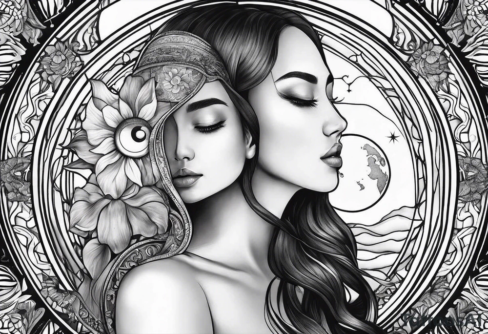 sun and moon for two best friends, two names: Iris and Aurora, tattoo idea