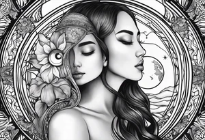 sun and moon for two best friends, two names: Iris and Aurora, tattoo idea