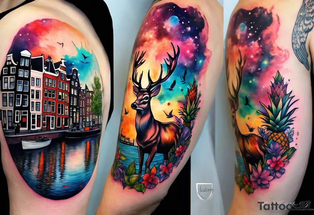 arm tattoo of stag deer and birds in Amsterdam canal featuring Amsterdam houses in space with pineapple at the bottom with galaxy colours tattoo idea