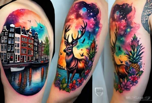 arm tattoo of stag deer and birds in Amsterdam canal featuring Amsterdam houses in space with pineapple at the bottom with galaxy colours tattoo idea