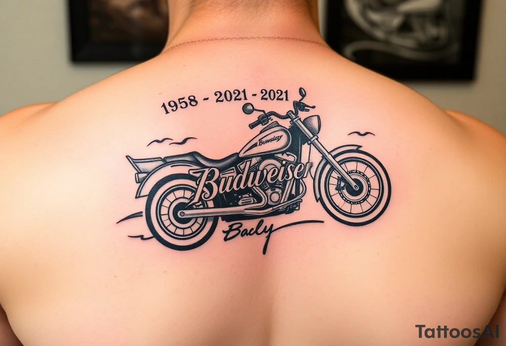 An arm tattoo with Dale Earnhardt car on it with the year 1958 - 2021 intertwined with a motorcycle with a Budweiser logo on it tattoo idea