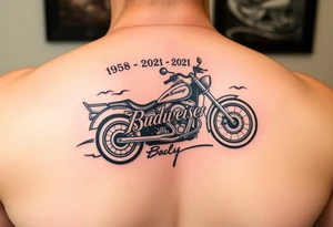 An arm tattoo with Dale Earnhardt car on it with the year 1958 - 2021 intertwined with a motorcycle with a Budweiser logo on it tattoo idea