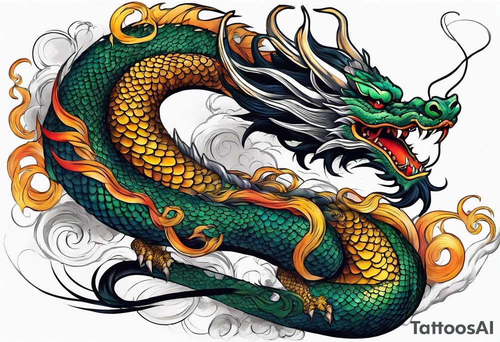 An epic floating asian dragon. Its long body coiling dynamically, with scales and horns detailed to create a sense of movement and strength. The dragon's giving a vibrant depth and a mystical aura. This tattoo highlights the dragon’s fierce expression and sharp claws. tattoo idea