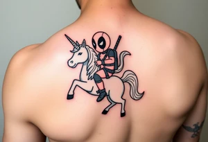 Deadpool riding unicorn holding rpg tattoo idea