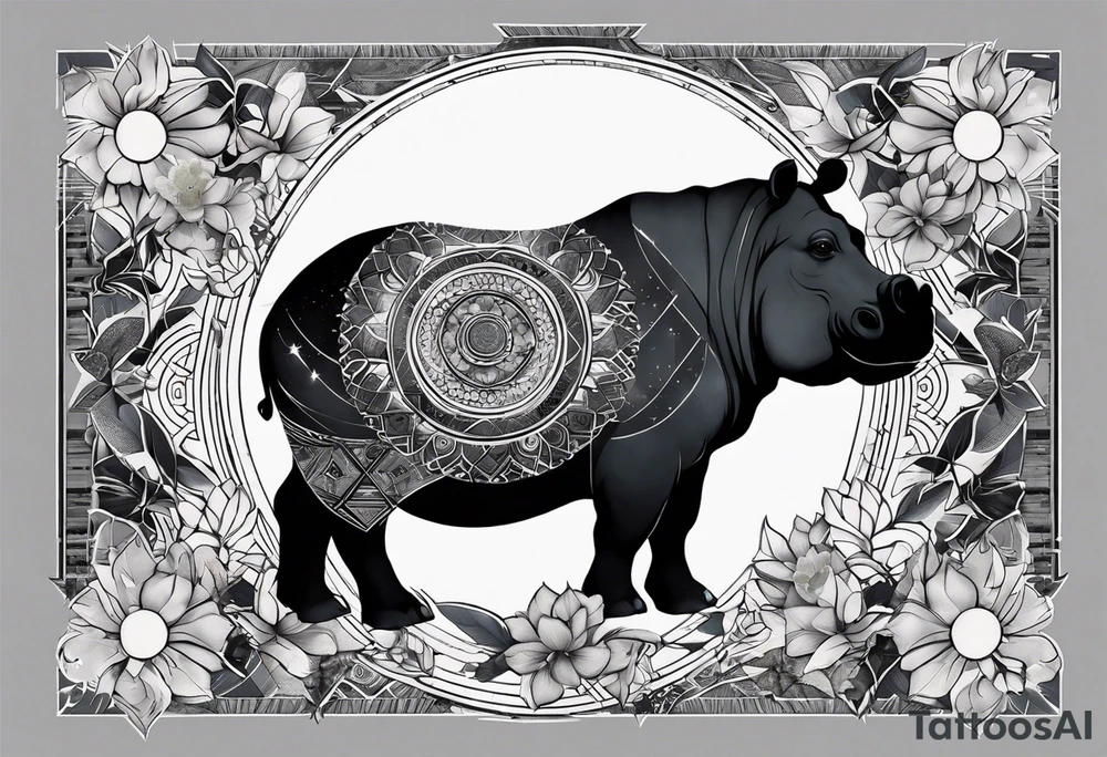 Very asymmetrical, +geometric pattern, with realistic full moon, with hippo at side look, +tribal, +geometric, +inkart , +blackwork, +grey scale, + sketch
with wintersweet flower bud, +inkart touch, +for men, detailed , combined favourite tattoo idea