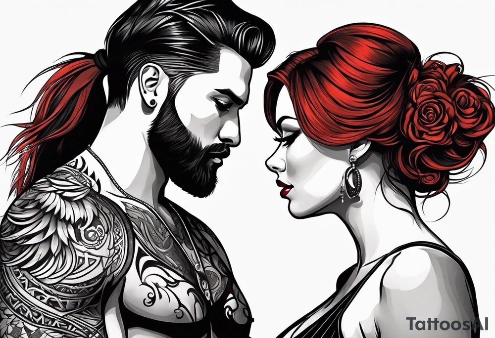 Busty red haired woman with a bearded man who has black hair tattoo idea