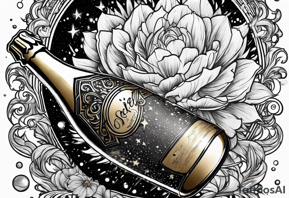 The top half of the world in space, a champagne bottle exploding above it tattoo idea