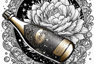 The top half of the world in space, a champagne bottle exploding above it tattoo idea