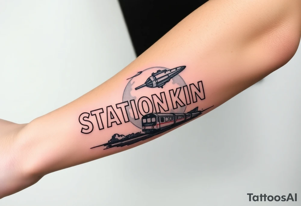 Forearm tattoo of the words station kino with the graphic design background of outer space and a alien spaceship flying over the words station kino and put a train on train tracks under station kino tattoo idea