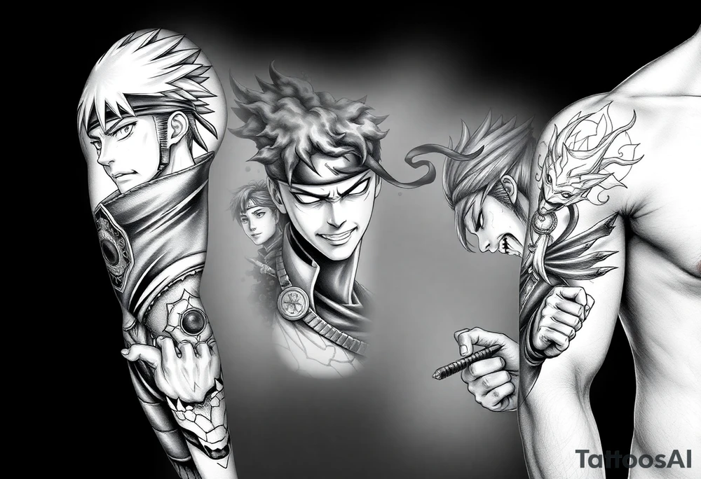 Full Naruto anime tattoo in black and grey realism, designed for the entire arm. Featuring Kakashi Hatake, Itachi Uchiha, and Pain, with detailed portraits and dramatic poses. Sharp shading, bold linework, and high contrast with smoky shadows for depth. Integrate multiple panels flowing seamlessly together, with each character framed by abstract effects like chakra energy, smoke, and broken stone textures. Masculine, dynamic, and intense style with strong highlights and shadows.” tattoo idea