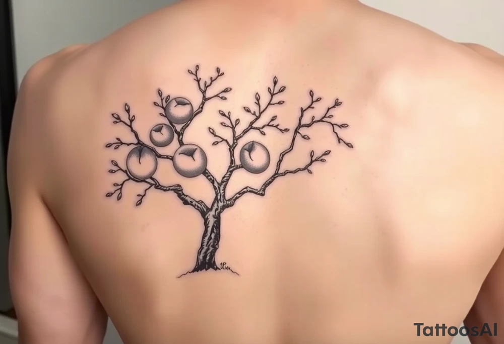 Peach tree with names scripted as branches tattoo idea