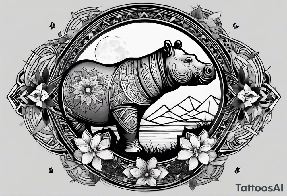 Very asymmetrical, +geometric pattern, with realistic full moon, with hippo at side look, +tribal, +geometric, +inkart , +blackwork, +grey scale, + sketch
with wintersweet flower bud, +inkart touch, +for men, detailed , combined favourite tattoo idea