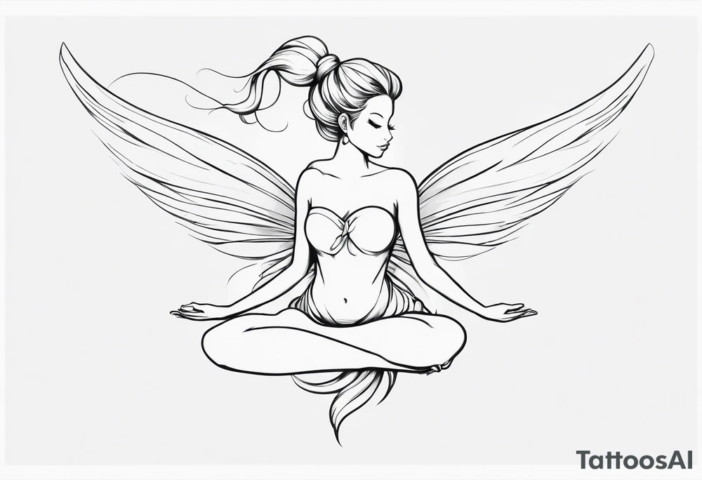 Minimalistic, monochromatic fairy with a tail flying to the left in a fetal position, leaning and looking in the same direction, with visible hands, embodying the 'Fairy Tail' logo aesthetic. tattoo idea