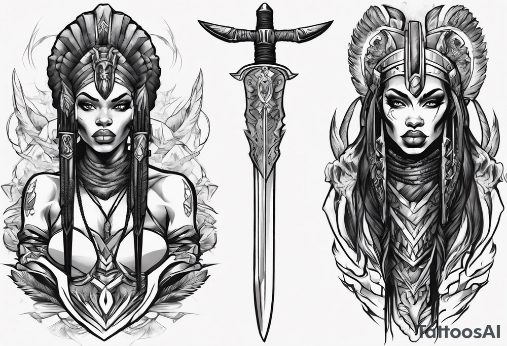 African valkyre slim face presenting sword tattoo idea