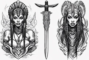 African valkyre slim face presenting sword tattoo idea