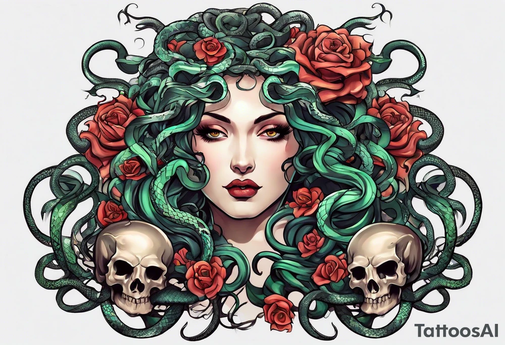 Neo traditional Medusa heads with snakes, pile of skulls tattoo idea