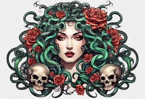Neo traditional Medusa heads with snakes, pile of skulls tattoo idea