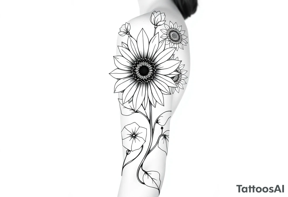 Stylized sunflower on a wild flowy morning glory vine with Bohemian mandalas incorporated to the background tattoo idea