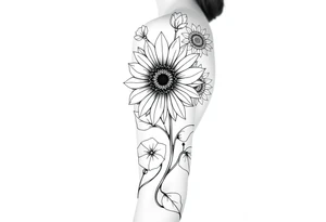 Stylized sunflower on a wild flowy morning glory vine with Bohemian mandalas incorporated to the background tattoo idea