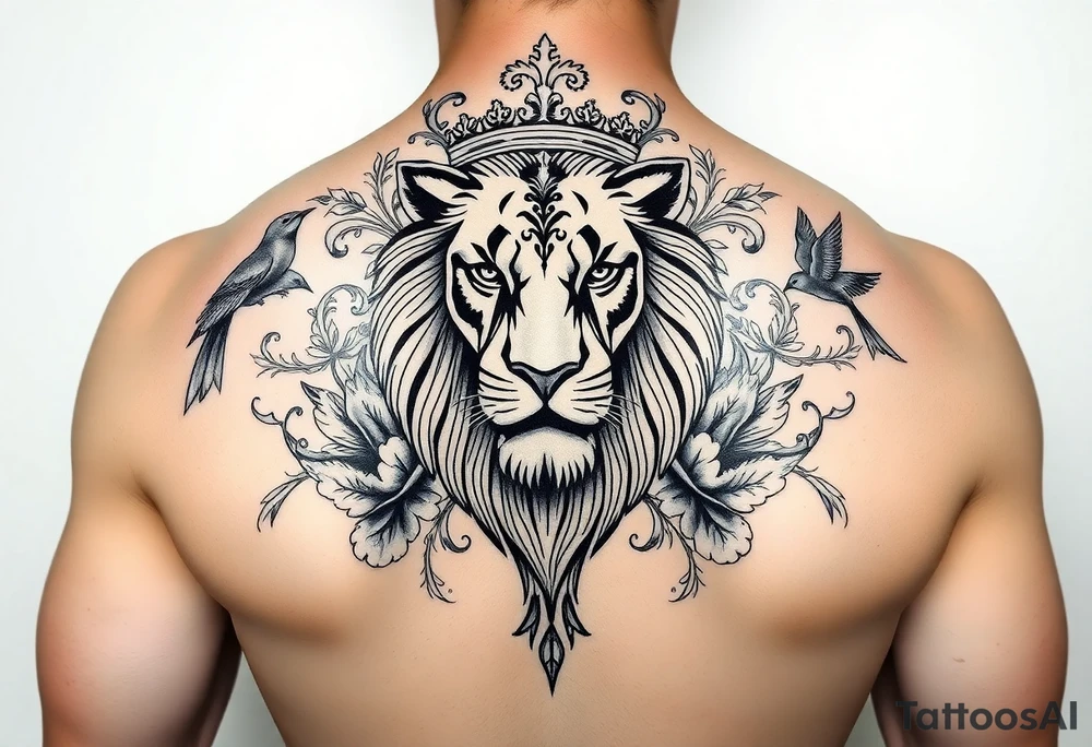 powerful majestic lion with a crown, surrounded by floral ornaments and birds tattoo idea