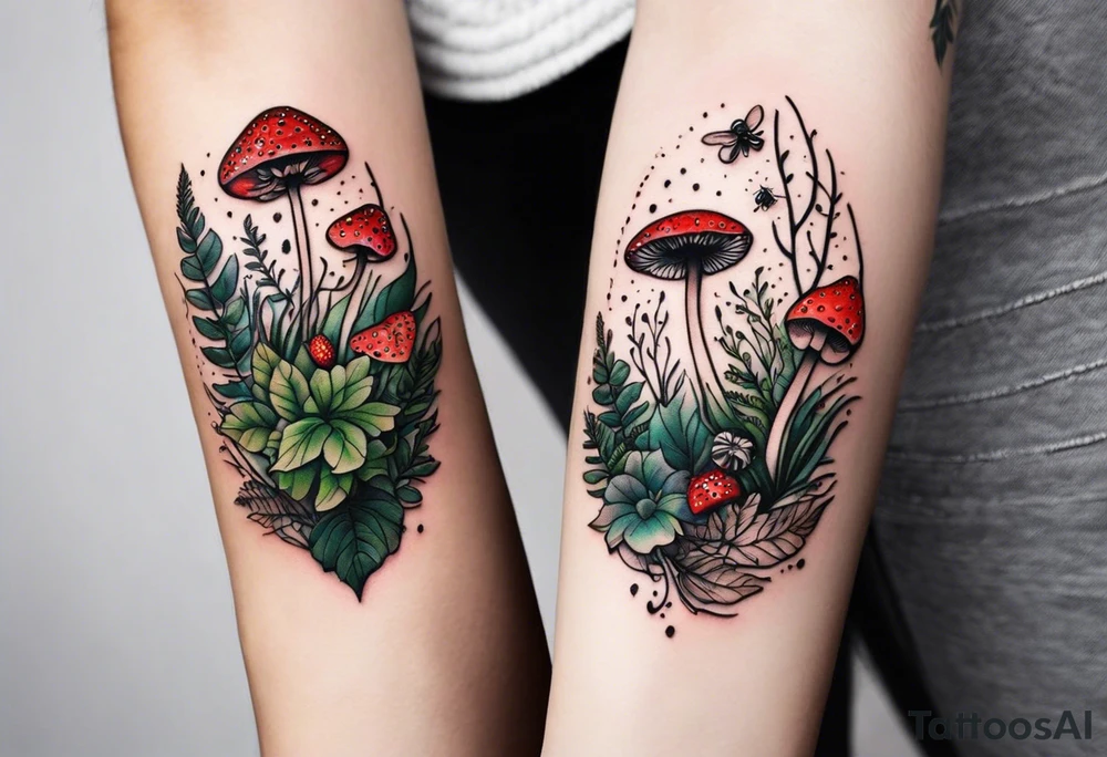 forest floor inspired tattoo, which includes grass, curly ferns and dead leaves as the bulk of the tattoo. details to include: three  tiny strawberries, couple of very small mushrooms, a tiny bumblebee flying nearby tattoo idea