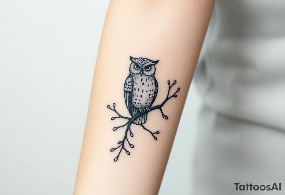 wise owl perched on ancient oak branch under starlit sky tattoo idea