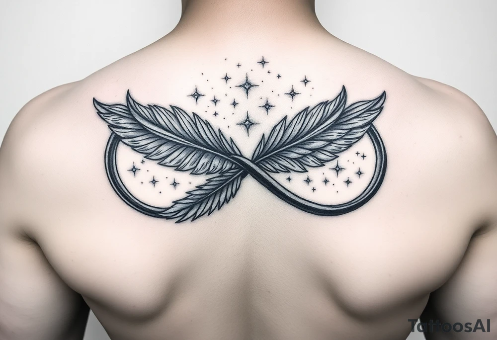 infinity symbol woven with floating feathers and stardust tattoo idea
