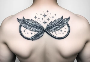 infinity symbol woven with floating feathers and stardust tattoo idea
