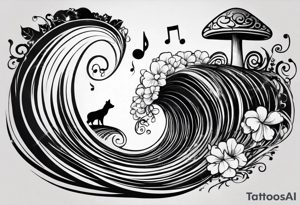 a line at the top of my arm (near the shoulder) with a music note on a staff at the top, a water wave below it, a pocket beneath it and the mushroom last - it's one line down the arm tattoo idea
