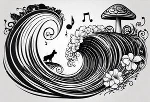 a line at the top of my arm (near the shoulder) with a music note on a staff at the top, a water wave below it, a pocket beneath it and the mushroom last - it's one line down the arm tattoo idea