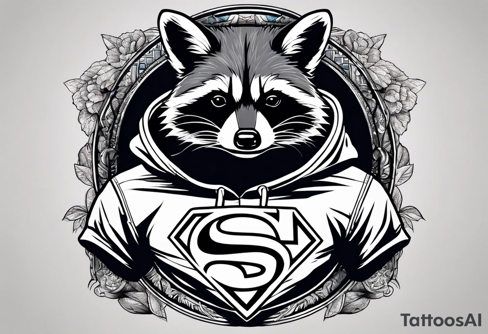 raccoon wearing a Superman hoodie tattoo idea