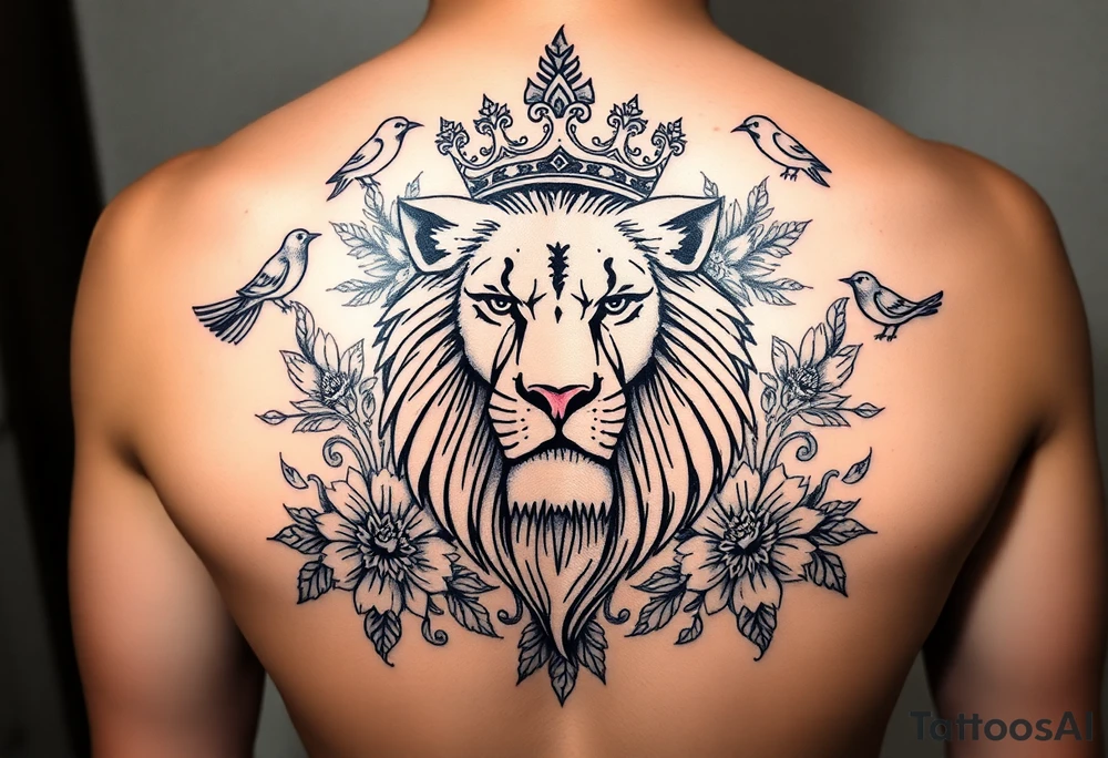 powerful majestic lion with a crown, surrounded by floral ornaments and birds tattoo idea