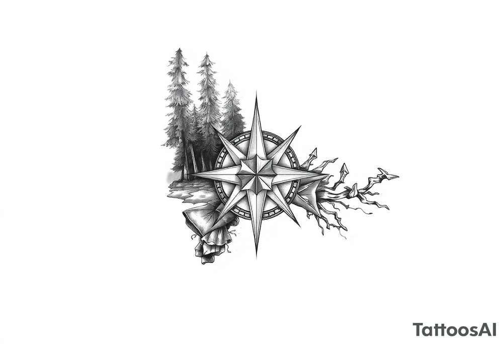 Half beach forest half compass star tattoo idea
