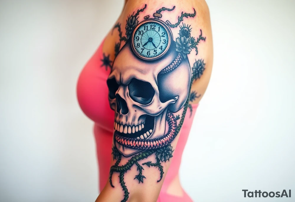 Skull with a snake through its eyes or mouth surrounds include a clock and prickly vines tattoo idea