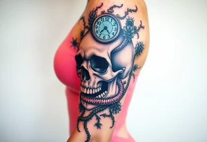 Skull with a snake through its eyes or mouth surrounds include a clock and prickly vines tattoo idea