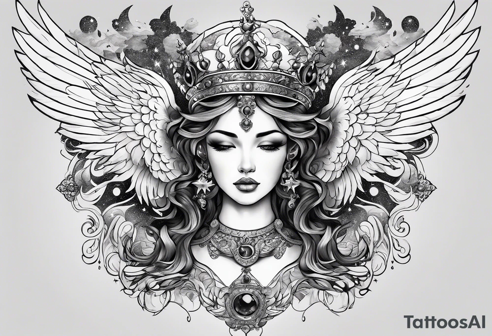 Neck tattoo angels and clouds and crowns and space tattoo idea