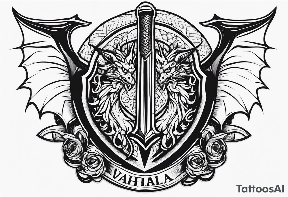 Valhalla sword shield dragon axe tattoo idea
