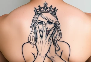 powerful blond findomme princess with crown on, holding up her middle finger laughing at you for being pathetic tattoo idea