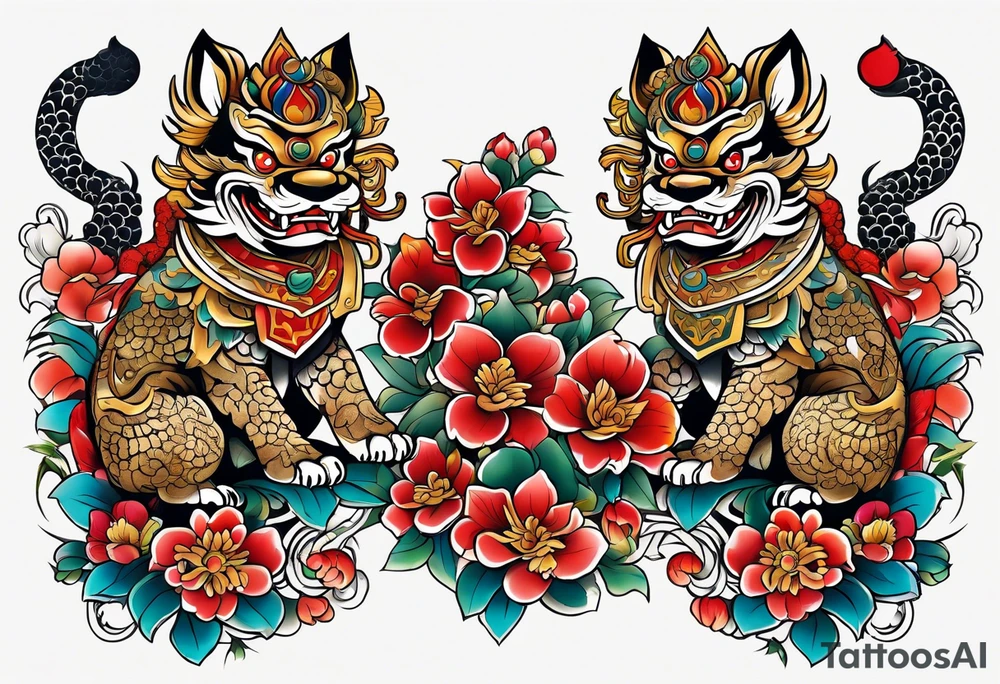 Okinawa style shisa dogs, chest/pecs, Yakuza style tattoo idea