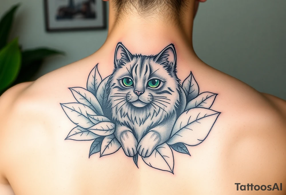 Minimalist cartoon style tattoo of along haired grey cat with green eyes surrounded buy house plants with huge green leaves tattoo idea