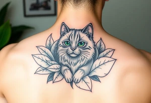 Minimalist cartoon style tattoo of along haired grey cat with green eyes surrounded buy house plants with huge green leaves tattoo idea
