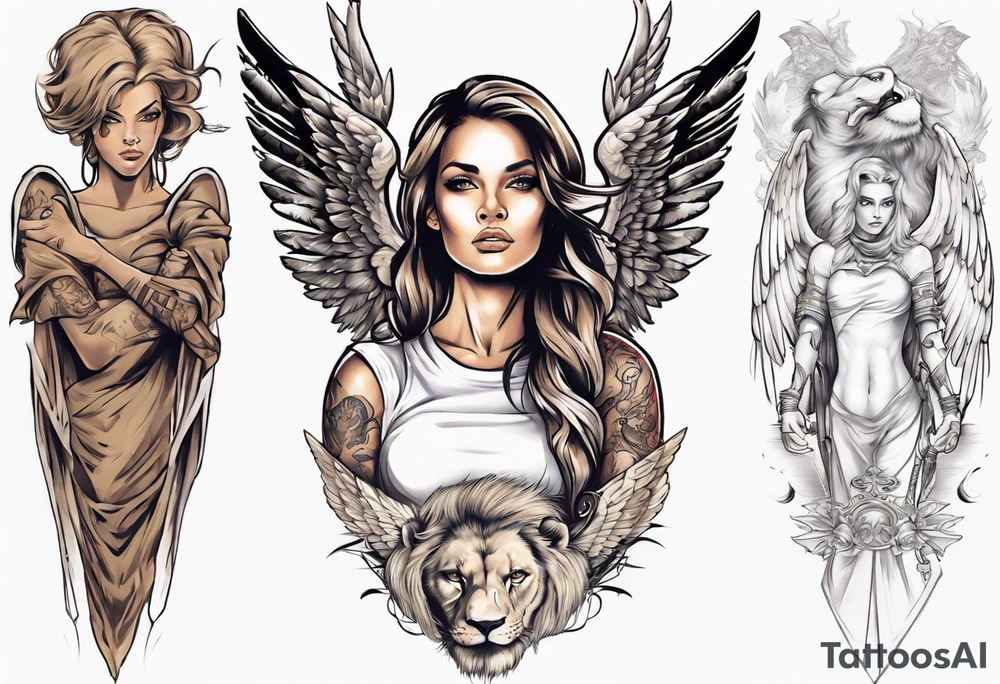 Full arm sleeve with a female Angel warrior at the top of the sleeve with her wings wrapped around the top half of the arm until the elbow. At the bottom of the sleeve a females face with a lion tattoo idea