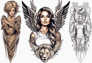 Full arm sleeve with a female Angel warrior at the top of the sleeve with her wings wrapped around the top half of the arm until the elbow. At the bottom of the sleeve a females face with a lion tattoo idea