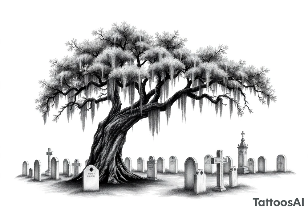 Oak tree with Spanish moss in a cemetery tattoo idea