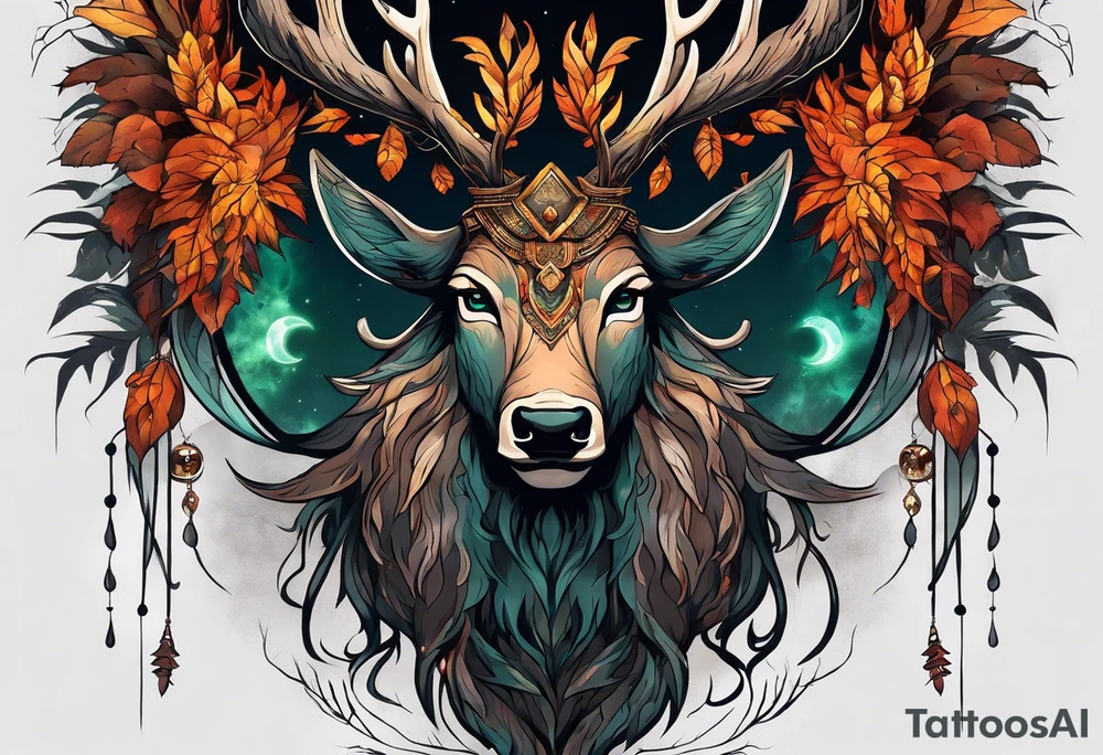 The Great Forest Spirit is a powerful deity that rules over the forest and the animals. It can take the form of a deer-like creature with a human face, or a giant, glowing humanoid at night. tattoo idea